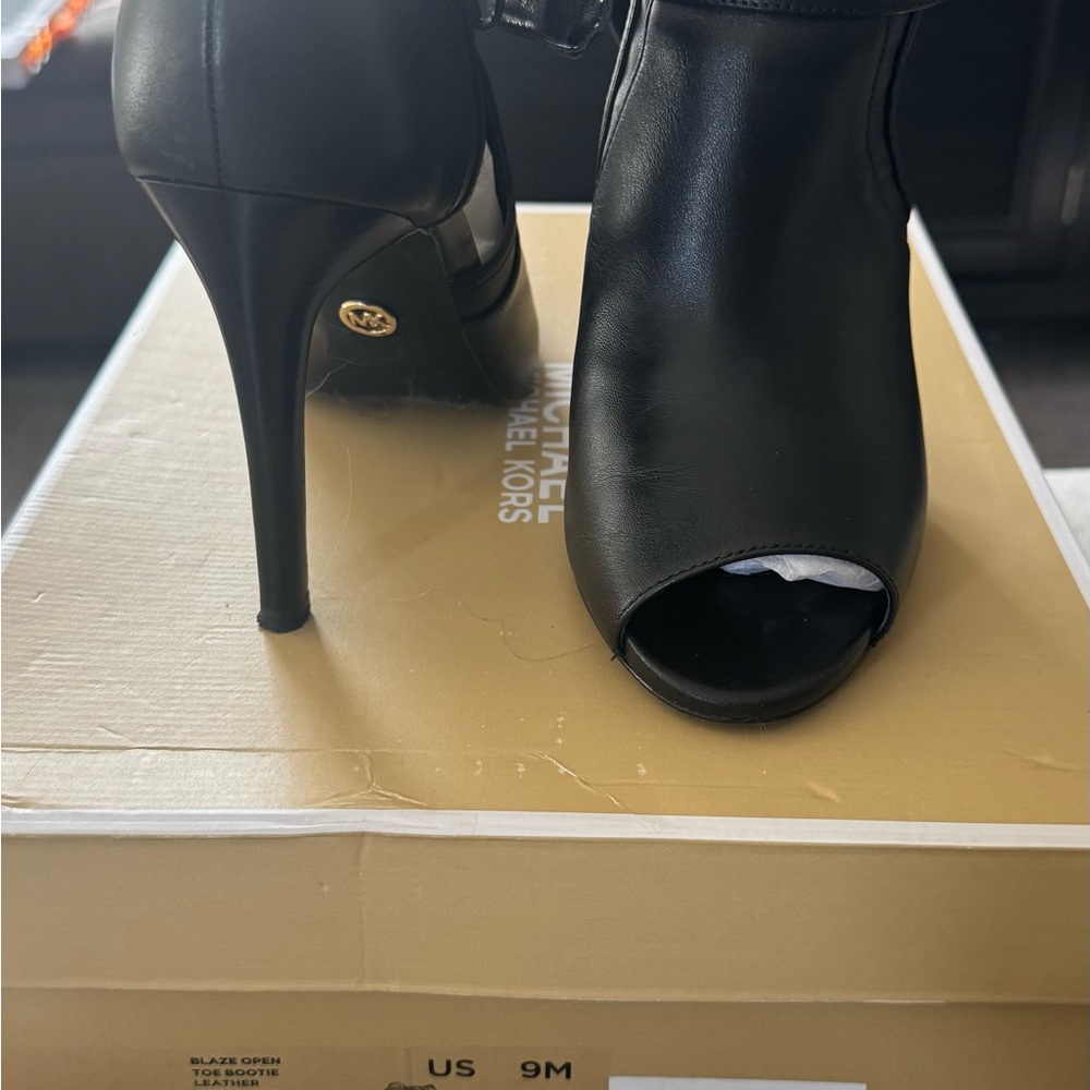 Michael Kors Black Leather Peep-Toe Stiletto Booties with Gold MK Accent